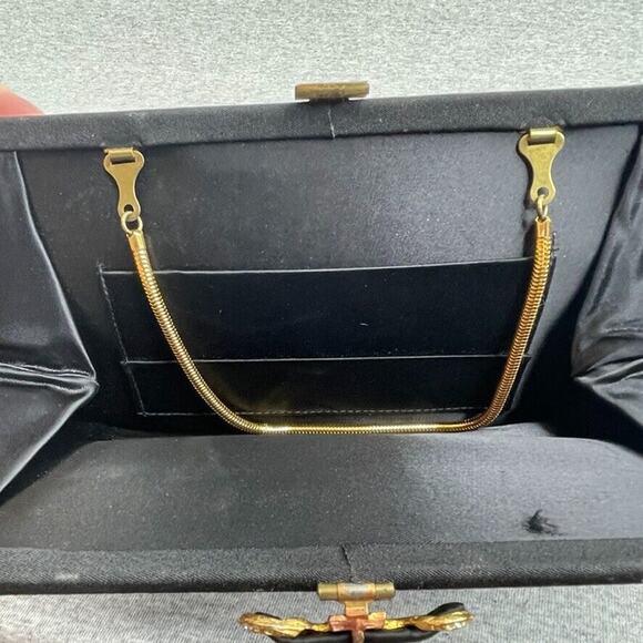 Vintage Purse Black Satin Clutch Evening Bag Rhinestone Top Lock Formal Handbag - Picture 3 of 7